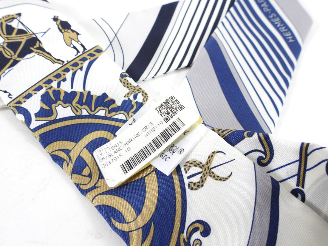 Hermes White and Navy Silk Ex Libris Twilly Scarf