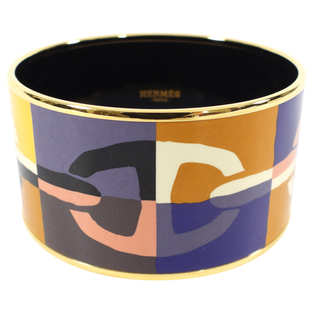 Hermes Extra Wide Printed Yellow Purple Chaine D’Ancre Bangle 