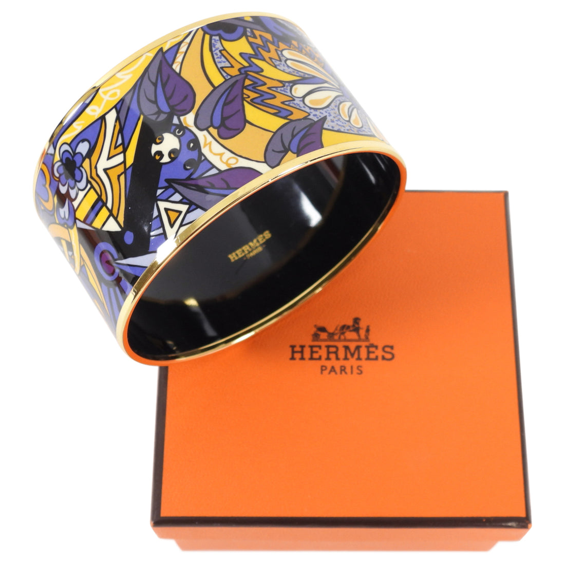 Hermes Extra Wide Printed Purple Yellow Floral Bangle Bracelet 