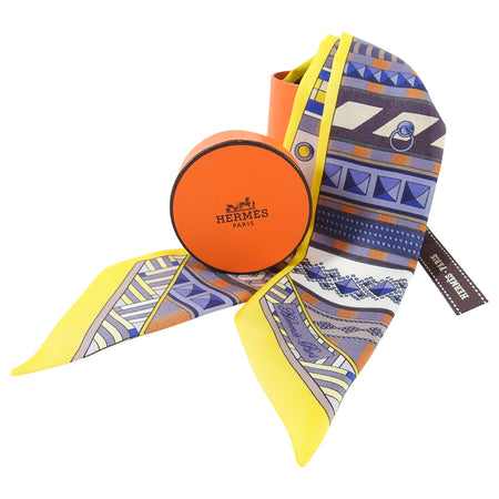 Hermes Yellow Blue White Dark Purple Silk Twilly 