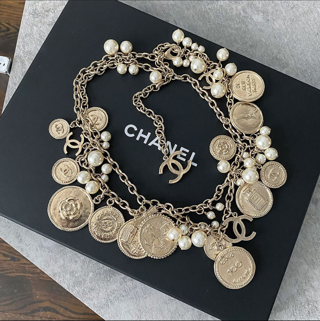 Chanel 100th Anniversary Gold Coin Pearl Long Necklace – Vintage by Misty