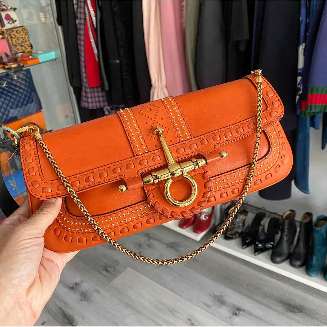 Gucci Orange Leather Stud and Woven Small Baguette Bag