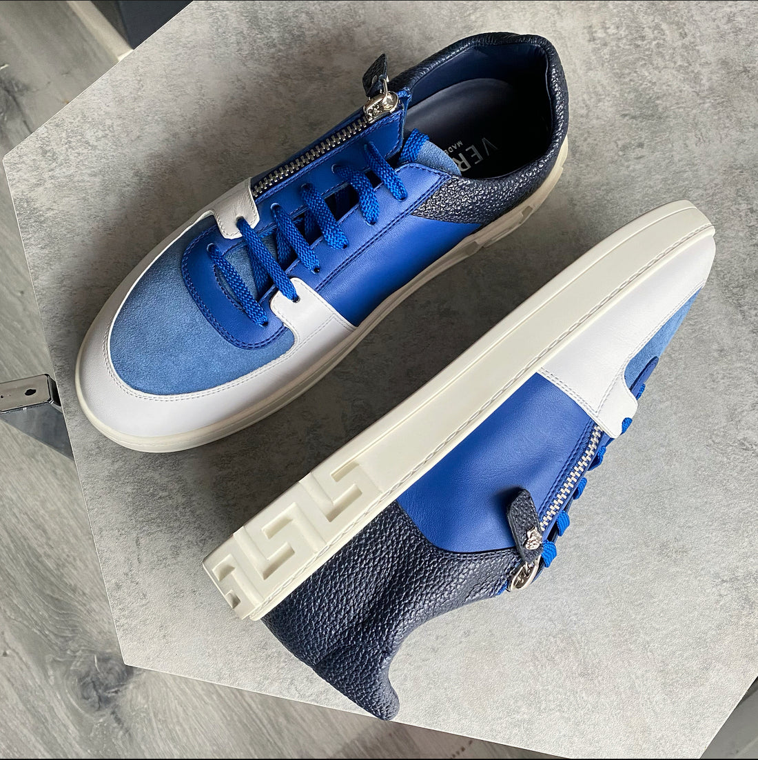 Versace Blue and White Lace-Up Zipper Sneakers - 40