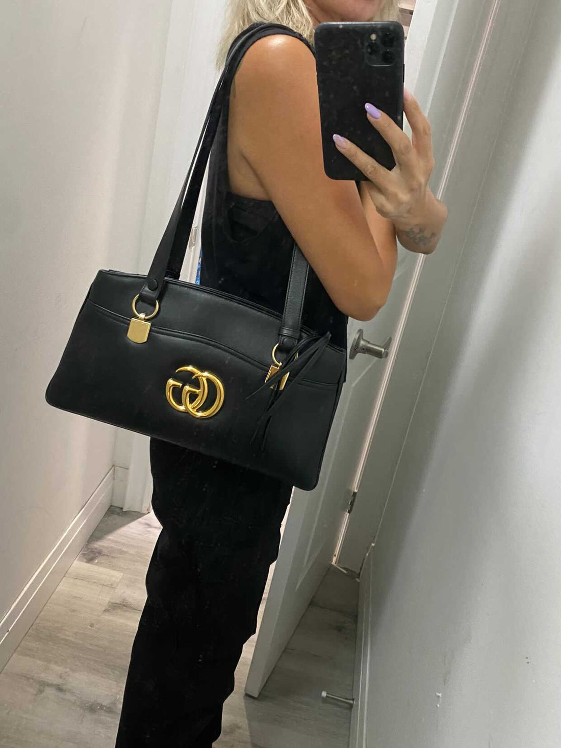 Gucci Black Arli Handle Large GG Shoulder Bag