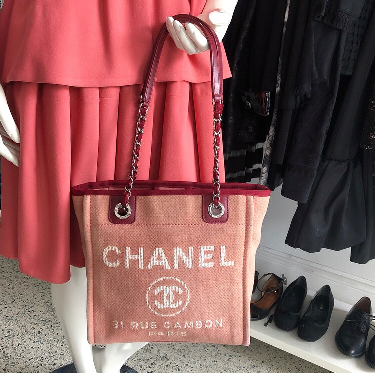 Chanel Red Mini Deauville Fabric Tote Bag