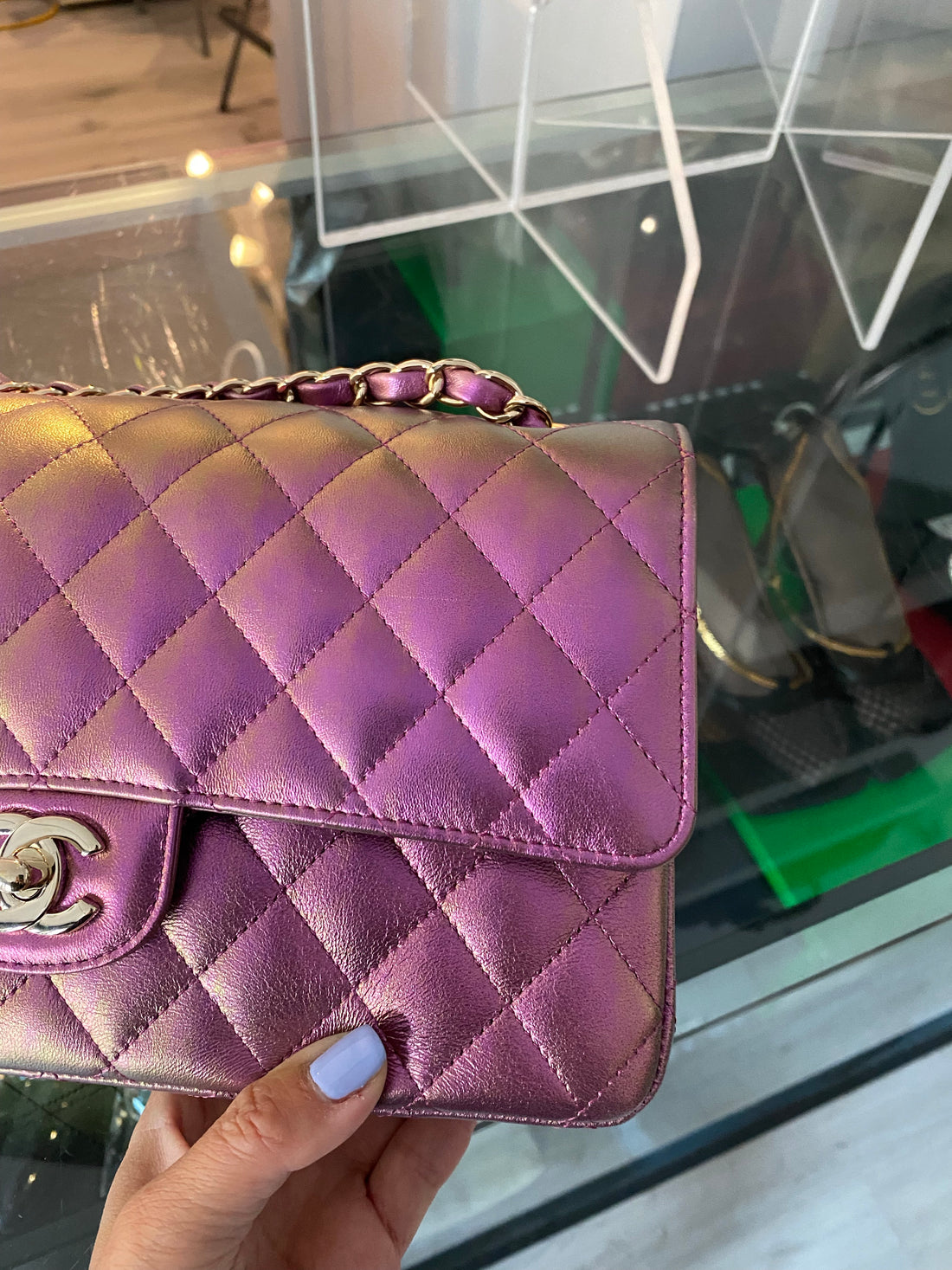 Chanel Classic Flap Bag in Blue-Purple Iridescent Metallic Lambskin and  Ruthenium Hardware, Sprin…