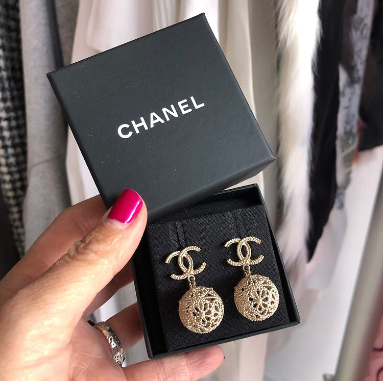 Chanel 18V Light Gold Filigree CC Ball Earrings