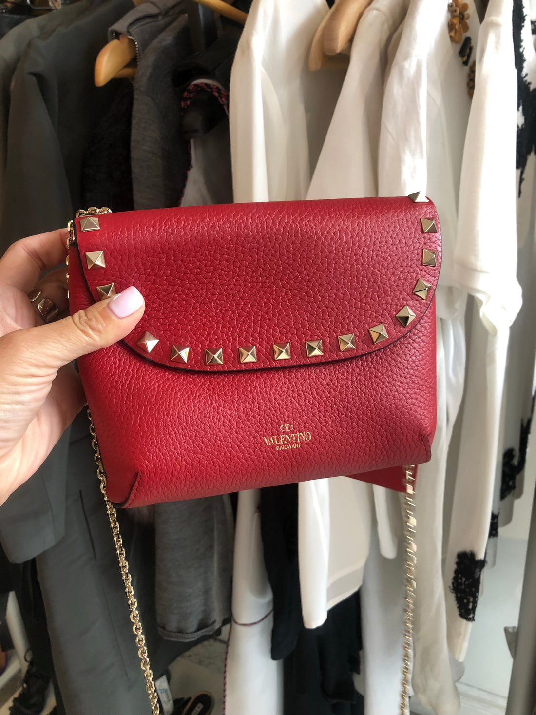 Valentino Rock Stud Small Red Double Pouch Chain Strap Bag