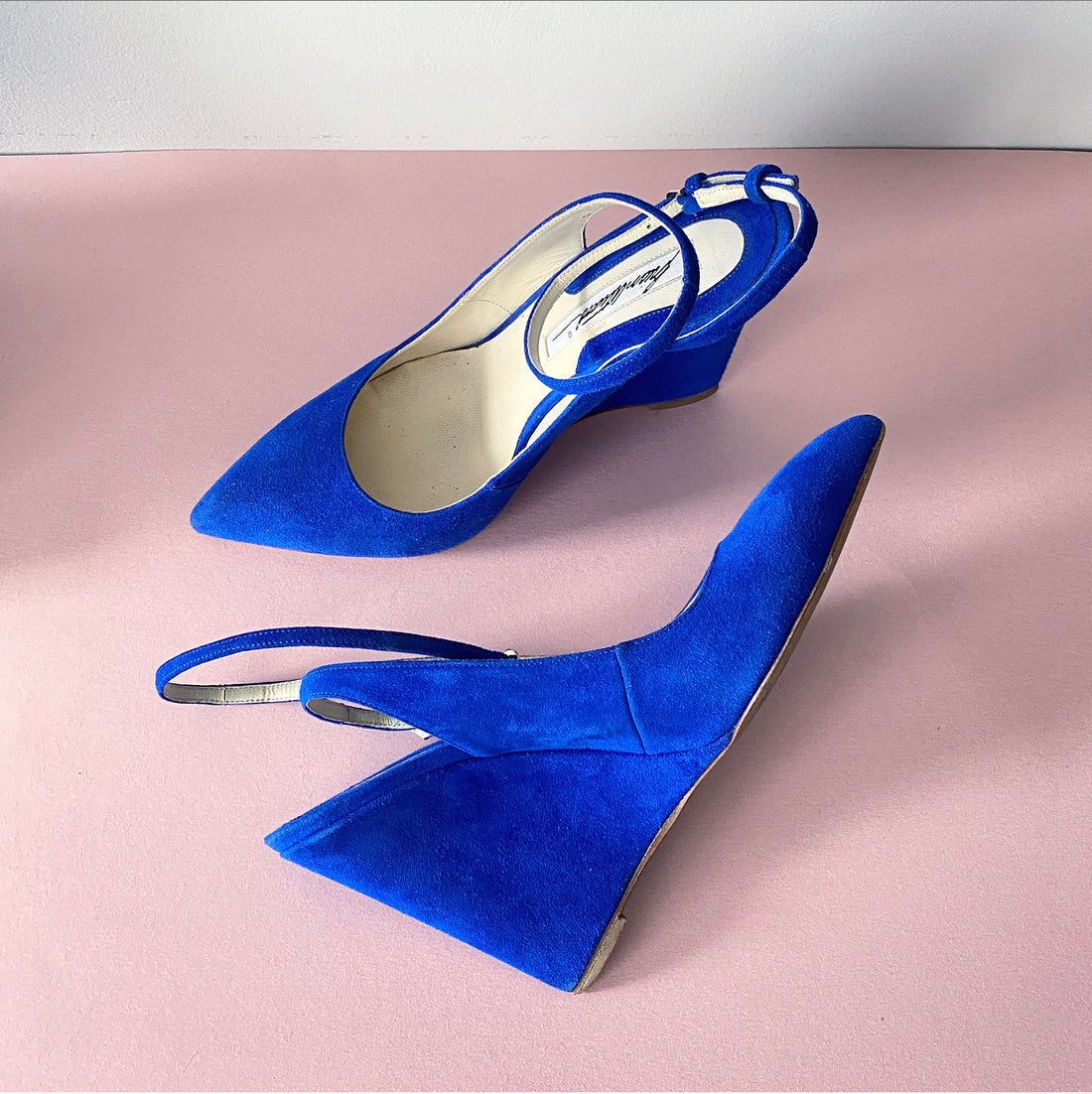 Brian Atwood Cobalt Blue Suede Wrap Ankle Wedge Heels - 36 / 5.5
