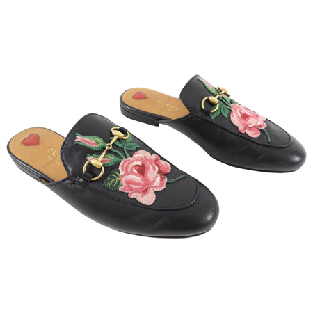 Gucci Black Horsebit Slippers with Rose Embroidery - USA 6