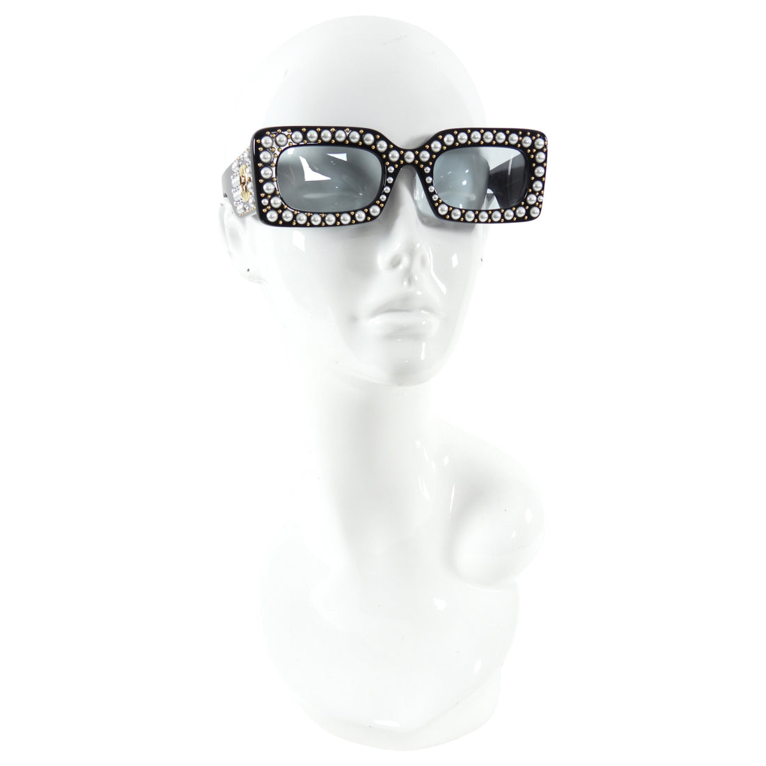 Gucci Black Rectangular Sunglasses with Pearl Stud Detail GG0146S