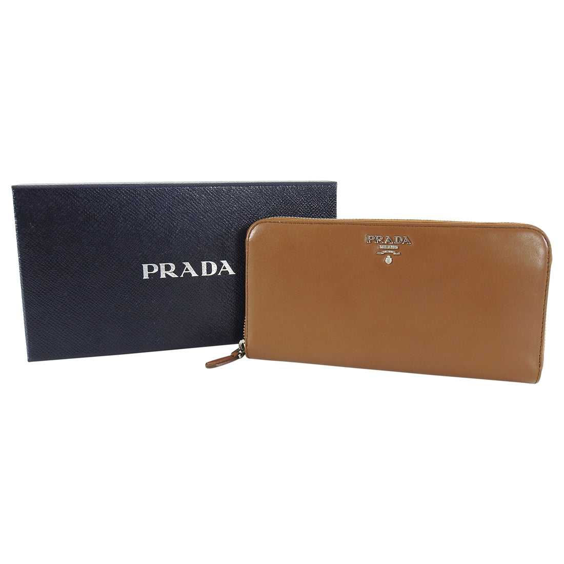 Prada Brown Cannella Soft Calf Zip Leather Wallet