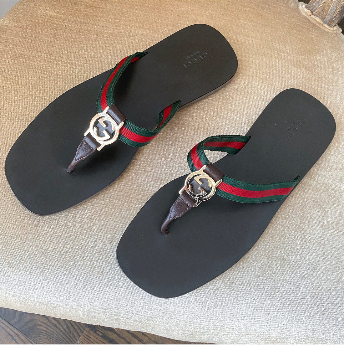 Gucci Brown Flat GG Logo Web Thong Flip Flop Flat Sandals - 40