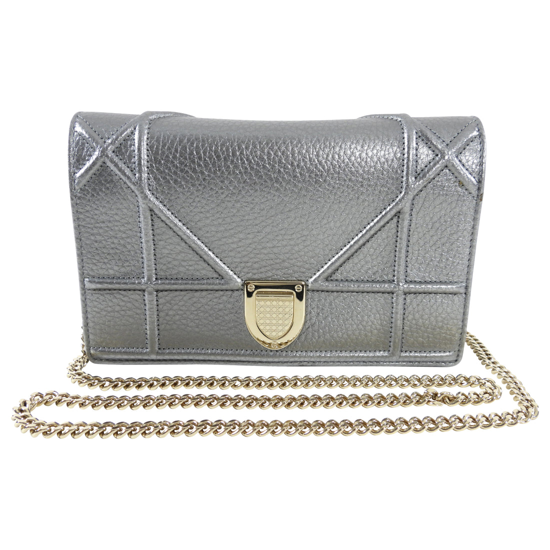 Diorama Metallic Grey Silver Calf Crossbody Wallet on Chain Bag