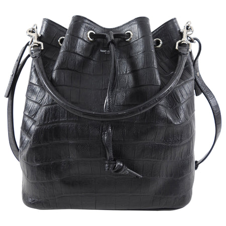 Saint Laurent Medium Black Croc Embossed Emanuelle Bucket Bag