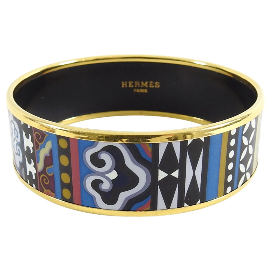 Hermes Blue Geo Gold Printed Enamel Wide Bangle Bracelet
