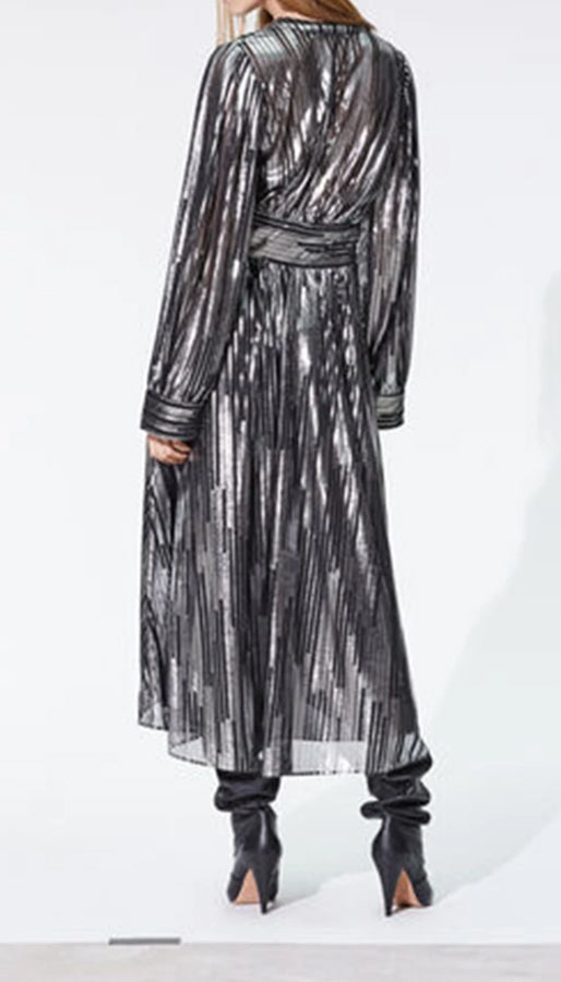 IRO Eureka Silver Metallic Stripe Asymmetrical Hem Dress - S