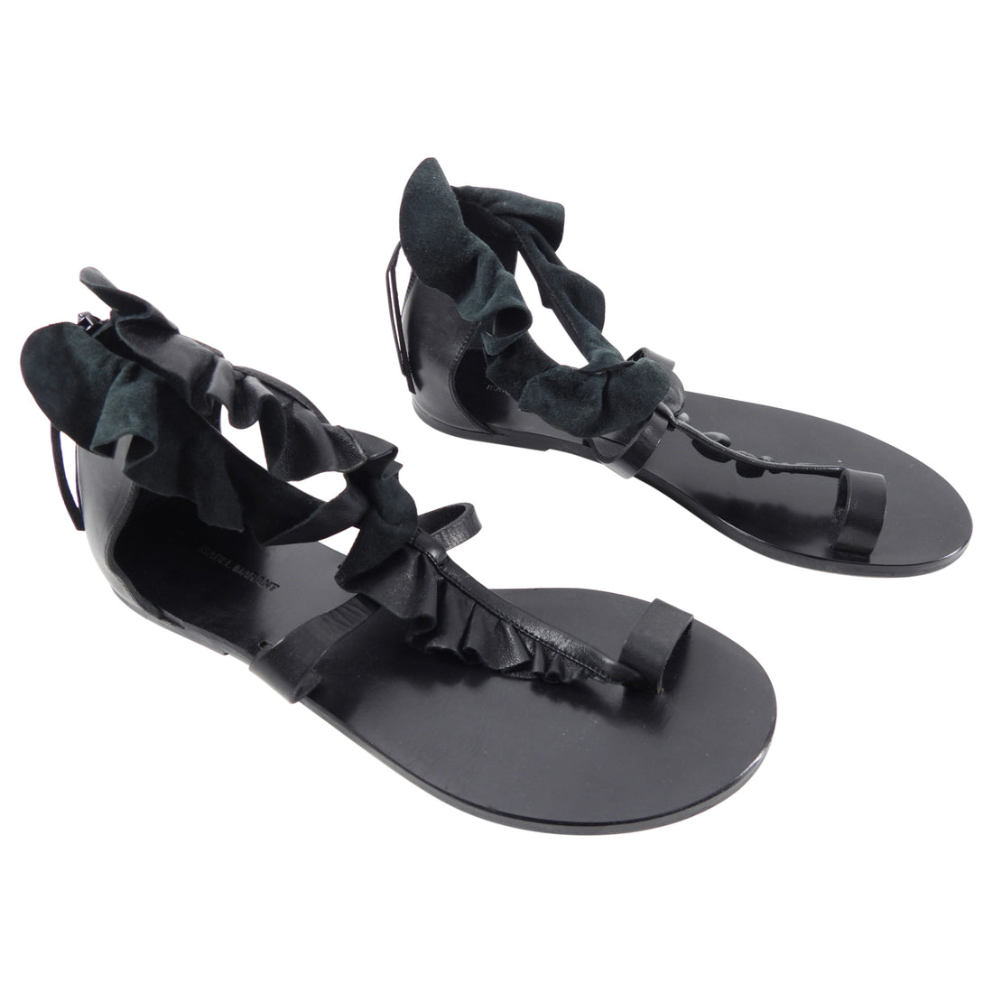 Isabel Marant Black Leather Ruffle Flat Sandal 37