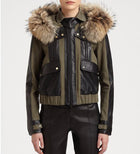 Jason Wu Olive Green and Leather Short Bomber Jacket with Fur Trim Hood  - 6