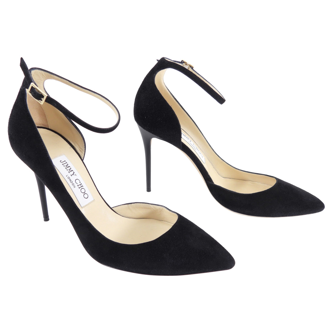 Jimmy Choo Black Suede High Heels with Ankle Strap - 38 / 7.5