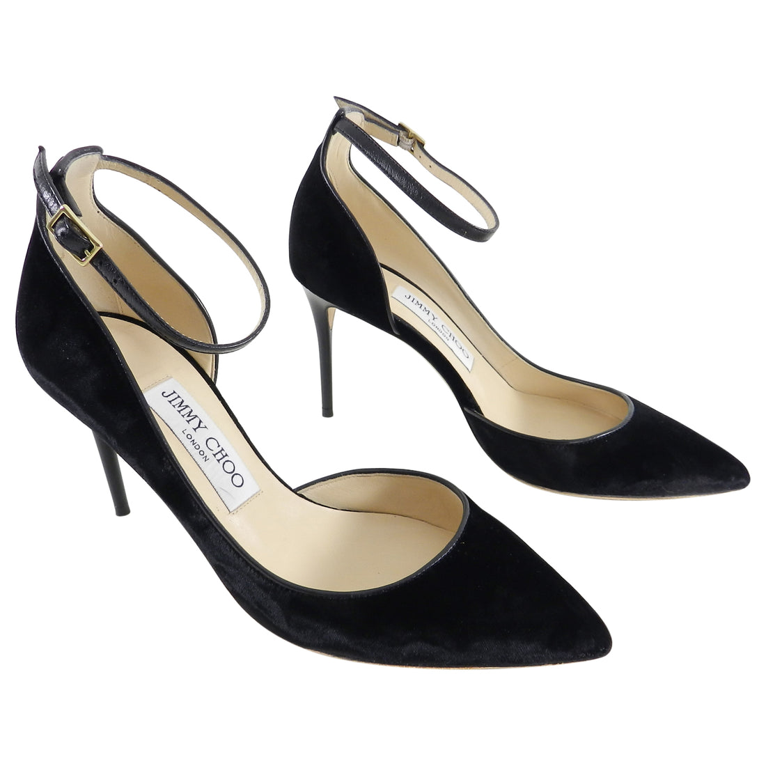 Jimmy Choo Black Velvet Lucy 85mm Heels with Ankle Straps - 36