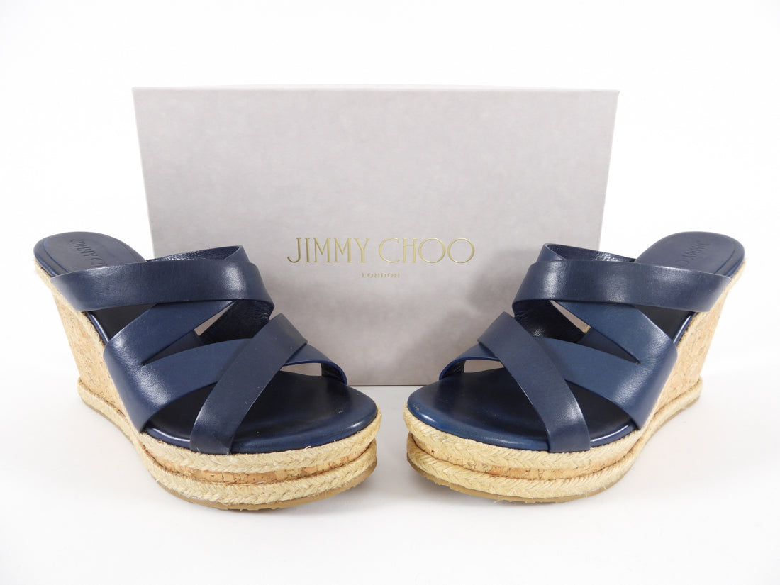 Jimmy Choo Navy Leather Cork Wedge Sandals - 40.5