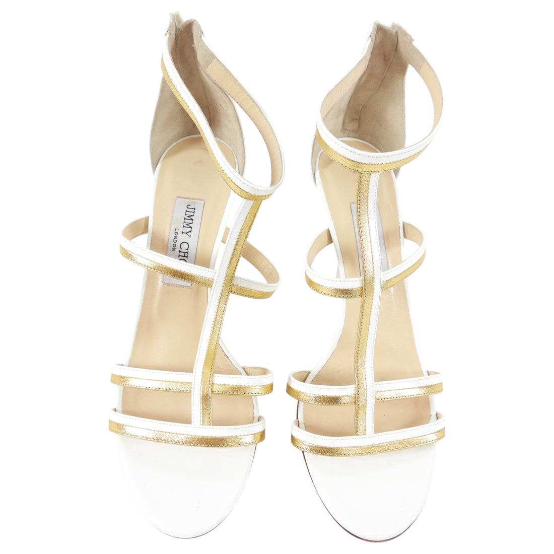 Jimmy Choo White and Gold Strappy High Heel Sandals - USA 9.5