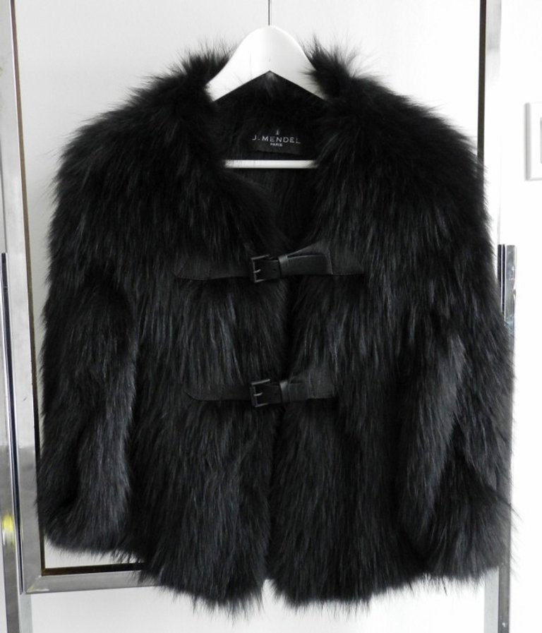 J. Mendel Black Fur Cape Jacket with Leather Buckles