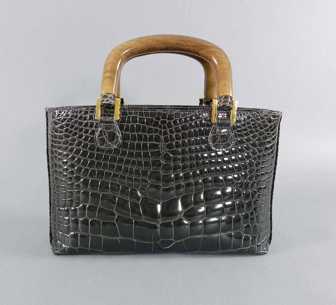 Lana Marks Dark Grey Crocodile Bag with Wood Handles