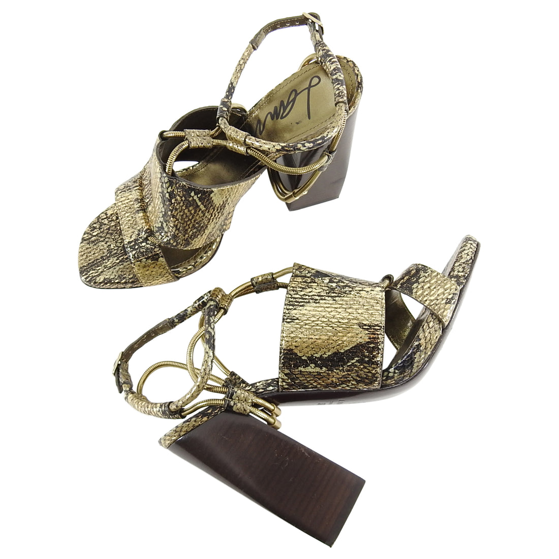 Lanvin Gold Snake Print Sandal with Chain Strap - 37