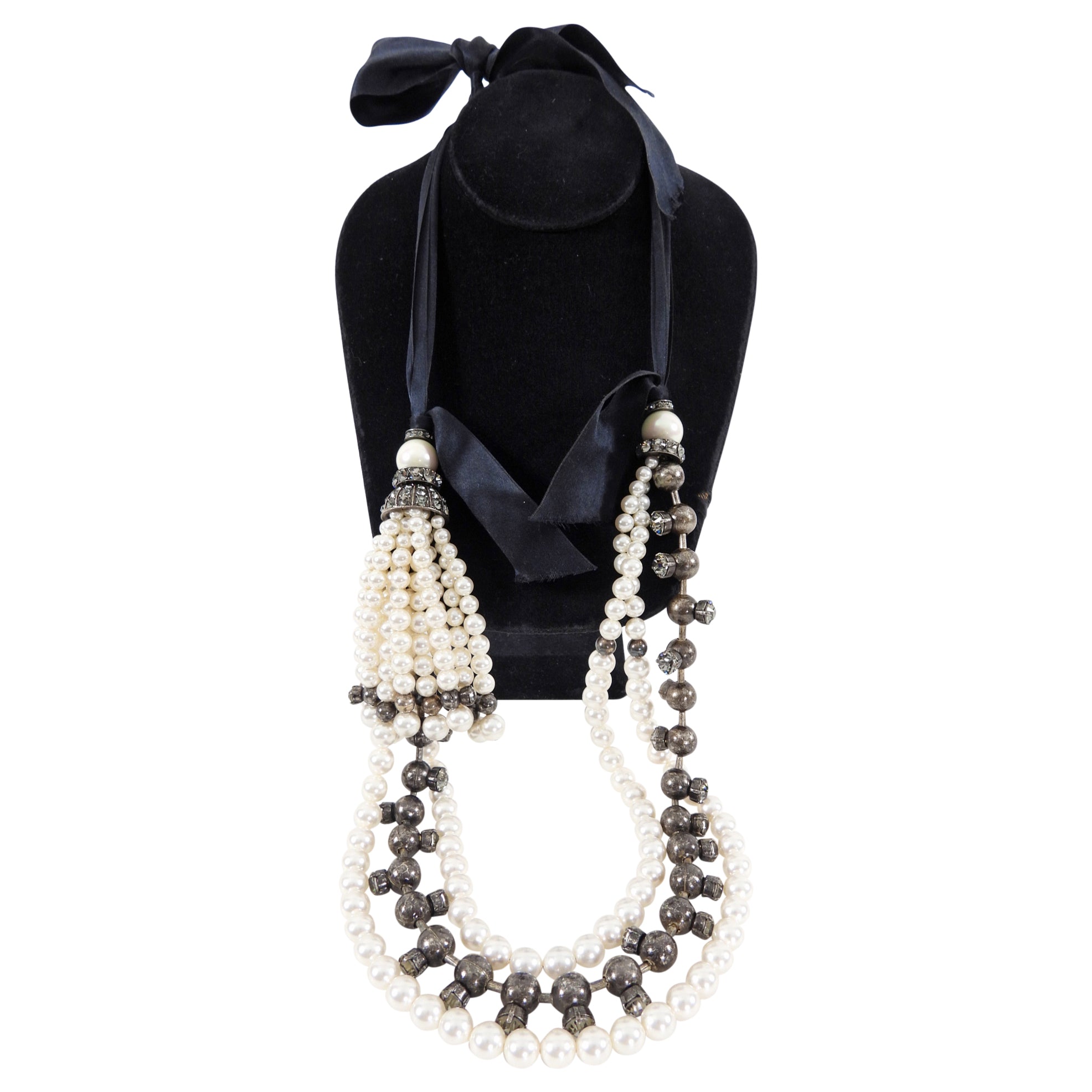 Lanvin Long Triple Strand Fringe Faux Pearl Ribbon Necklace