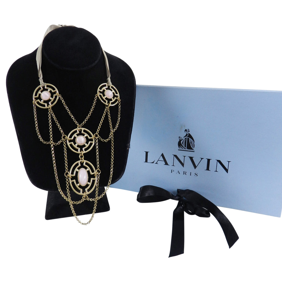 Lanvin Gold and Pink Bib Necklace with Ribbon Ties 