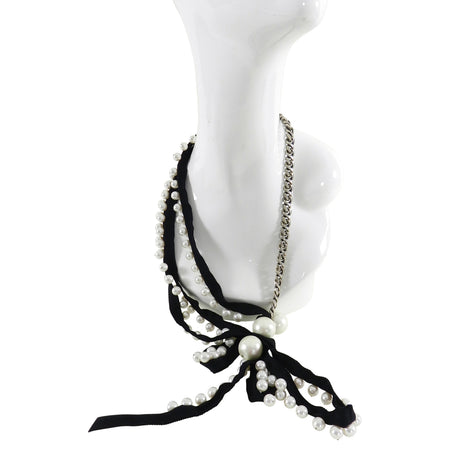 Lanvin Pearl and Ribbon Chain Necklace with Rhinestones