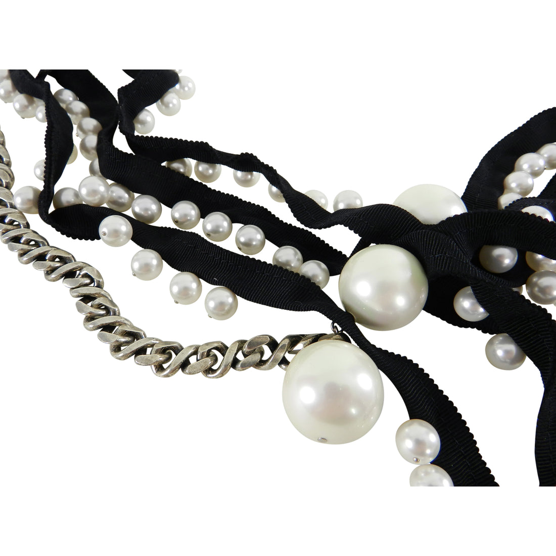 Lanvin Pearl and Ribbon Chain Necklace with Rhinestones