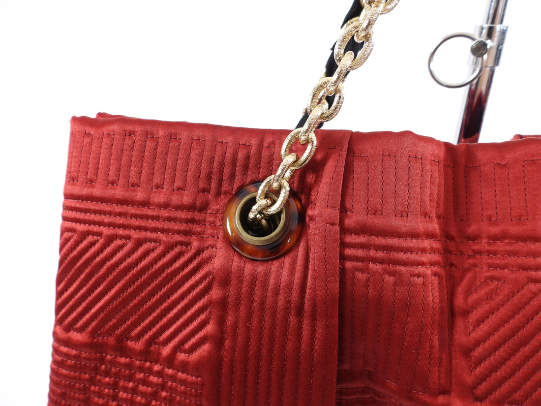 Lanvin Red Satin Quilted Chain Strap Tote Bag