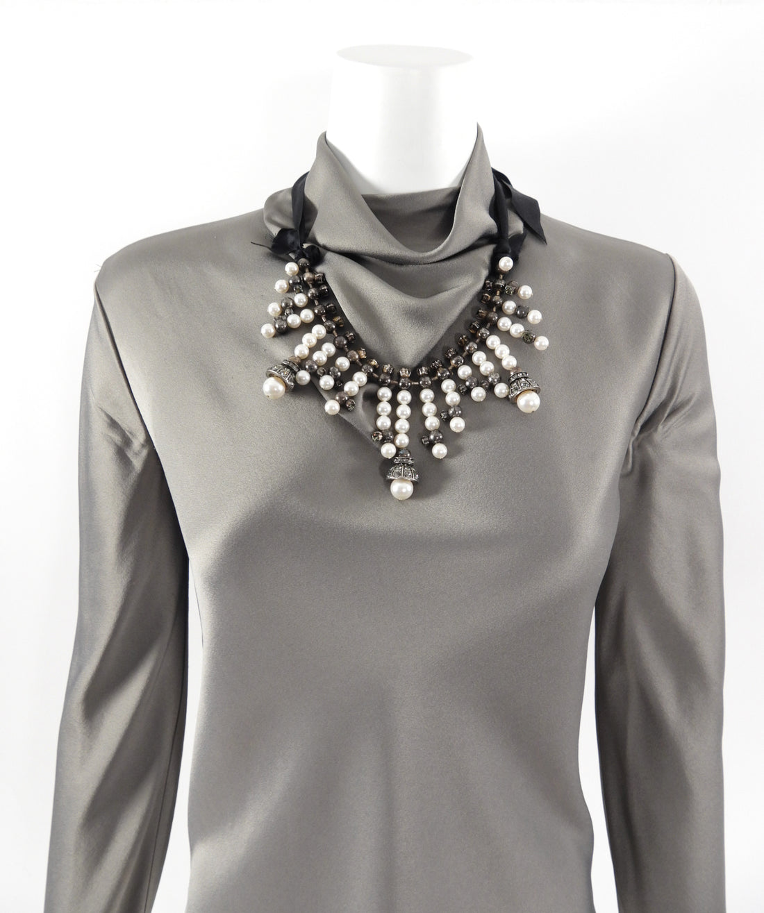 Lanvin Faux Pearl Ribbon Crystal Fringe Statement Necklace