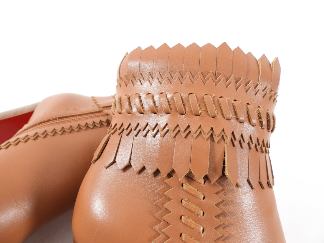 Christian Louboutin Tan Brown Fringe Leather Ankle Boots - 36 / 5.5
