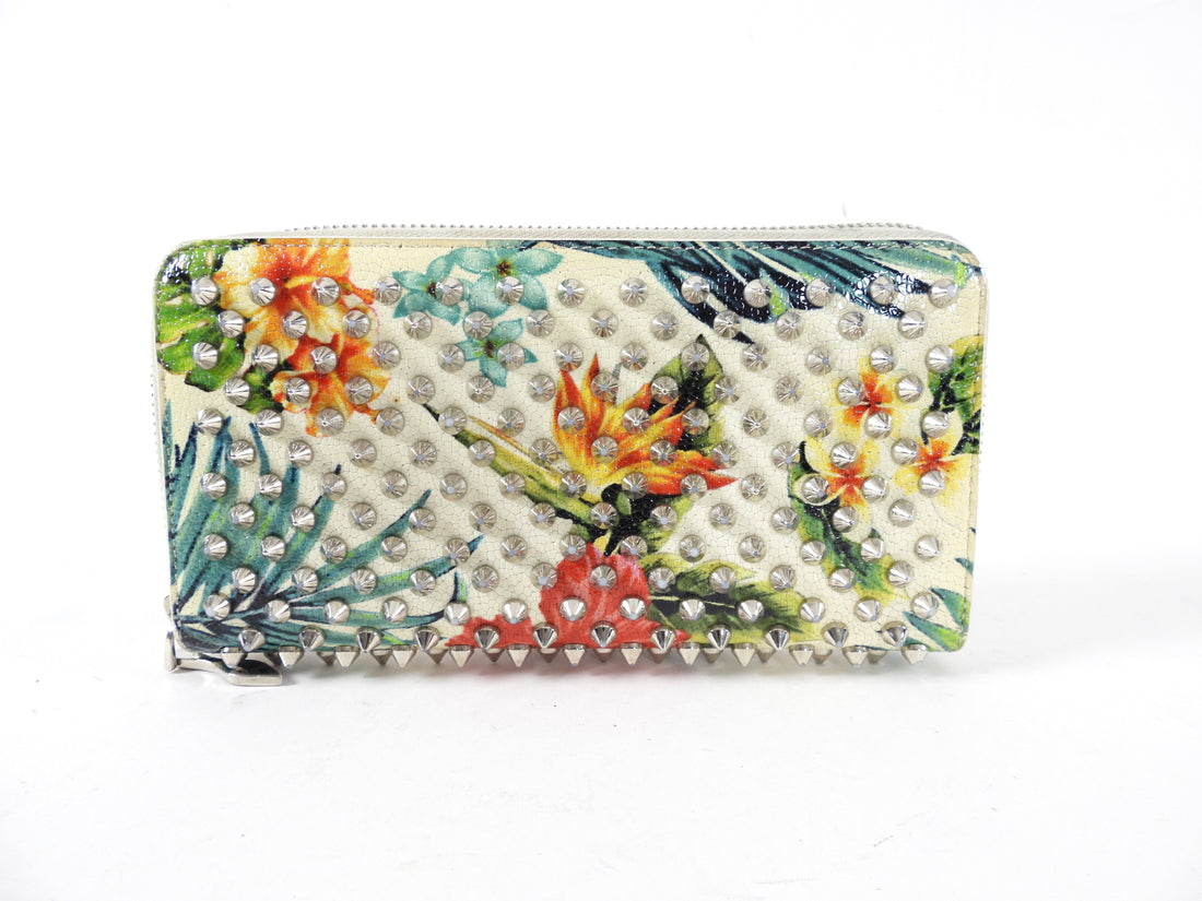 Louboutin Ivory and Green Floral Stud Zippy Wallet