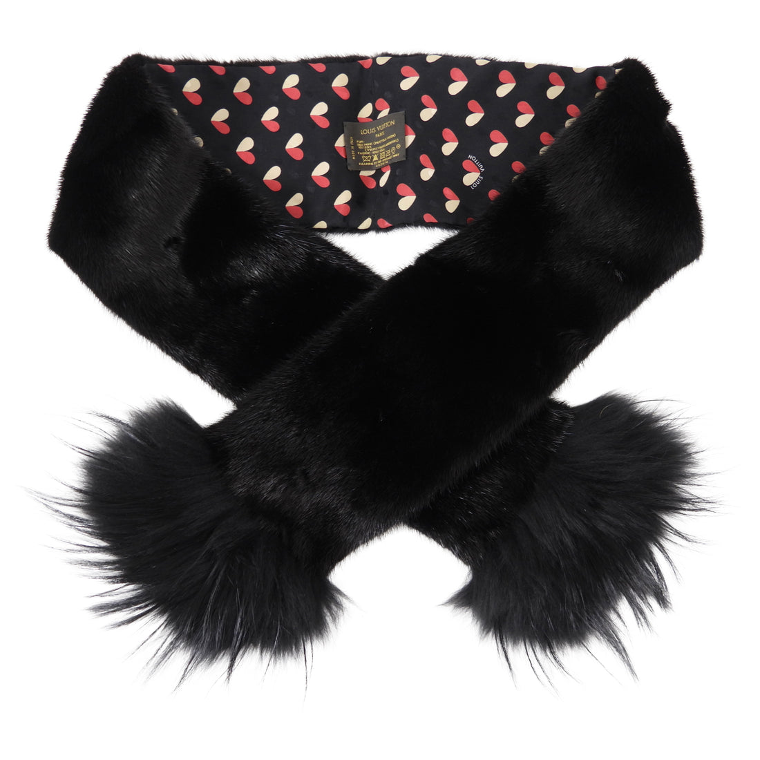 Louis Vuitton Black Mink Fur Scarf with Red Silk Hearts