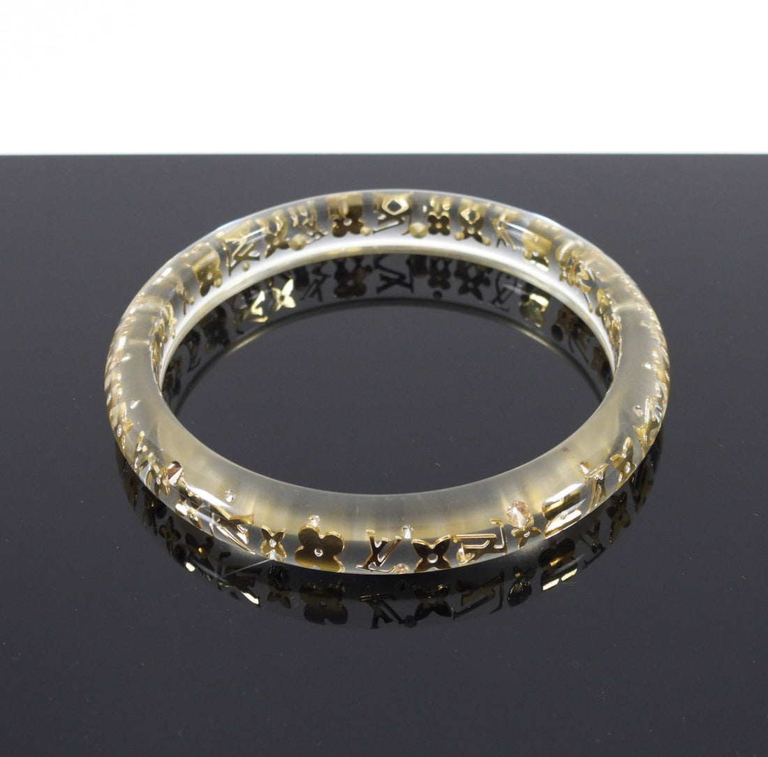 Louis Vuitton, Jewelry, Louis Vuitton Clear Resin Gold Tone Monogram Wide  Inclusion Bangle Bracelet