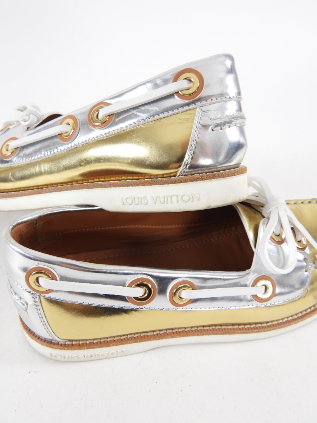 Louis Vuitton Gold and Silver Metallic Boat Shoes - USA 6