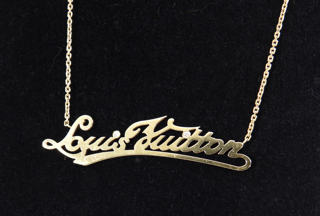Louis Vuitton Diamond Signature ID Name Plate Necklace 18K Yellow Gold  wPouch