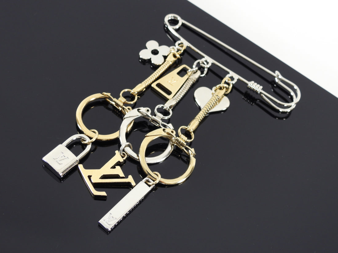 Louis Vuitton Padlock, Key & Monogram Safety Pin Brooch - Gold