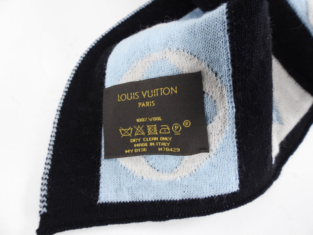 Louis Vuitton Black and Blue Monogram Logo Wool Scarf