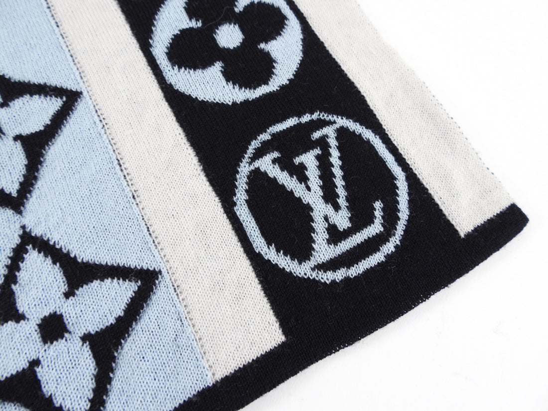 Louis Vuitton Black and Blue Monogram Logo Wool Scarf – I MISS YOU