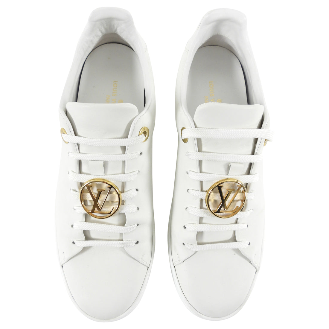 Louis Vuitton White Low Top Sneakers with Gold Logo - 8.5