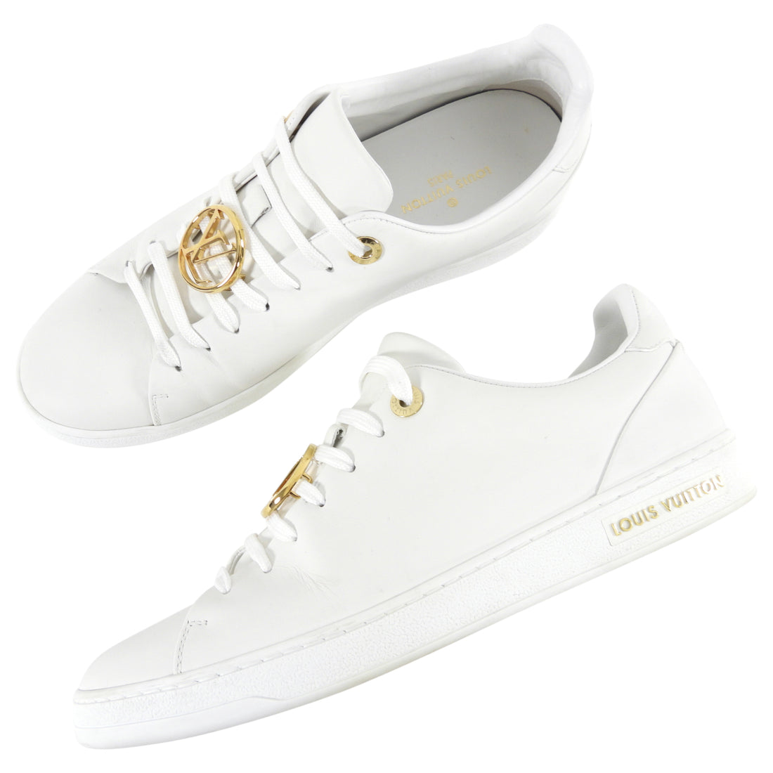 Louis Vuitton White Low Top Sneakers with Gold Logo - 8.5 – I MISS YOU  VINTAGE