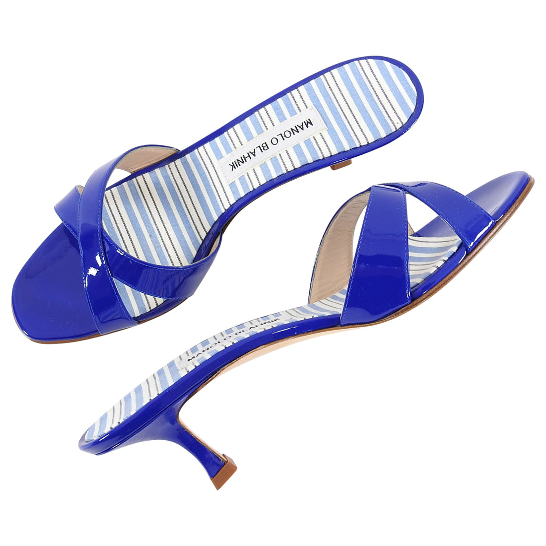 Manolo Blahnik Blue Patent Criss Cross Low Heel Sandals - 39 / 8.5