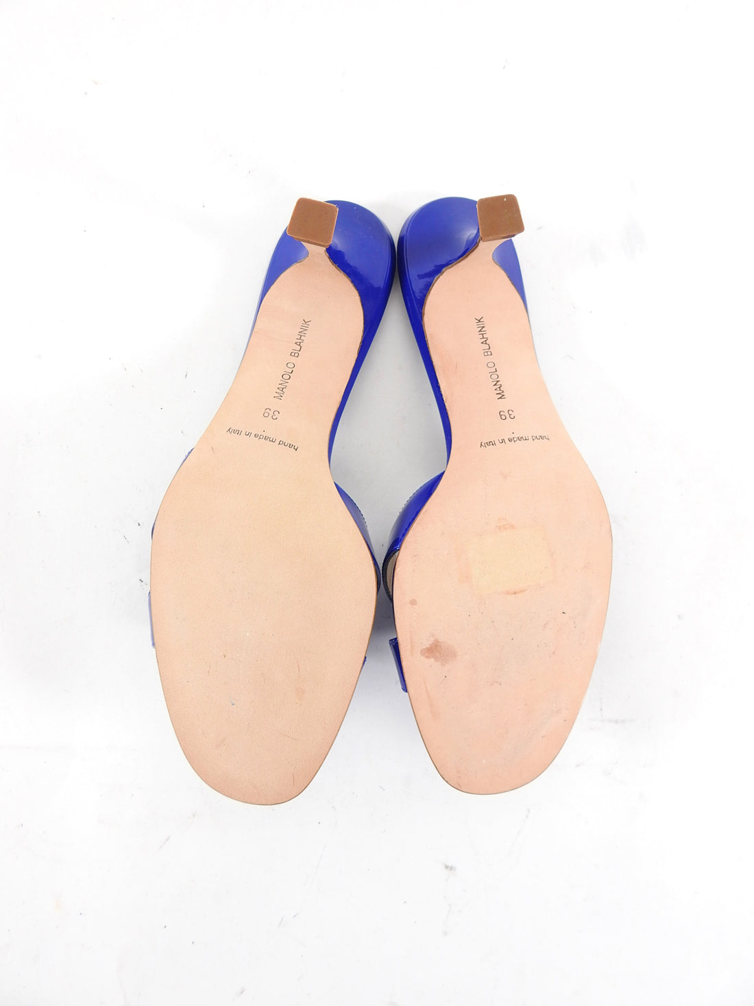 Manolo Blahnik Blue Patent Criss Cross Low Heel Sandals - 39 / 8.5