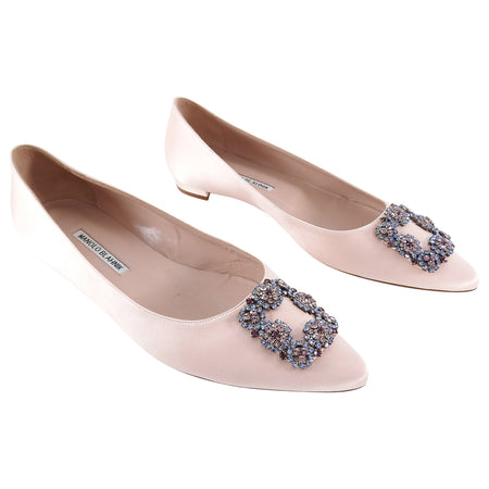 Manolo Blahnik Hangisi Crystal Shell Pink Silk Satin Flat Shoes - 41